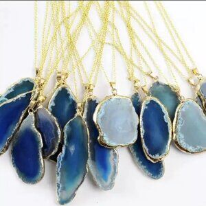 Blue Agate Slice Charm‎ Necklace w/ Gold Tone Trim, Agate Rock, Healing Gemstone